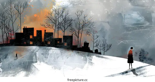 Two People Walking in Snowy Landscape with Silhouette of City Buildings