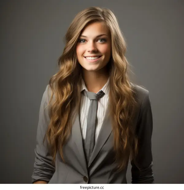 Young woman in a suit smiling