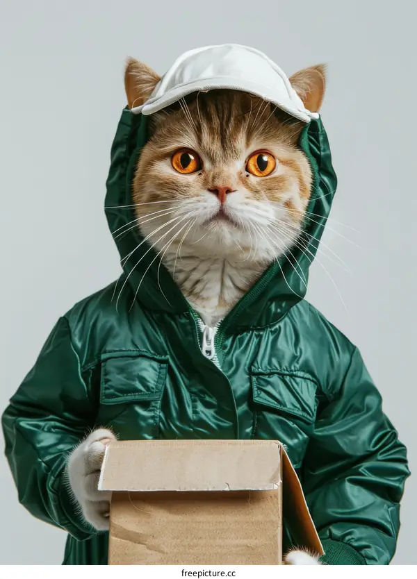 A Cat in a Green Jacket Holding a Cardboard Box