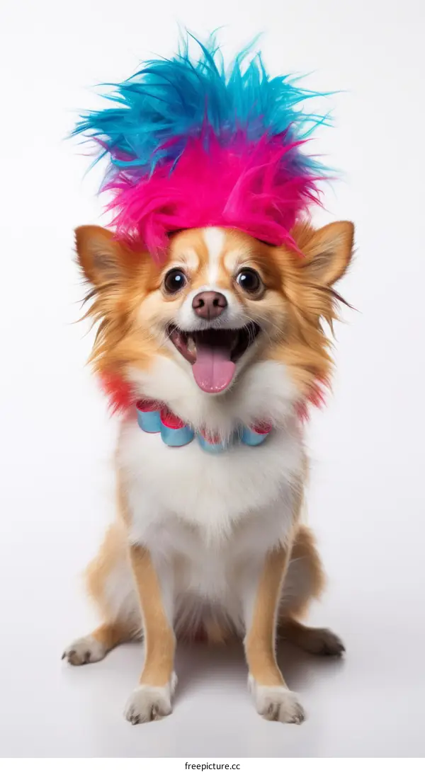 A happy dog wearing a colorful wig