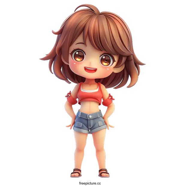[Transparent Background PNG]cute 3d anime girl with brown hair wearing a red top and blue shorts