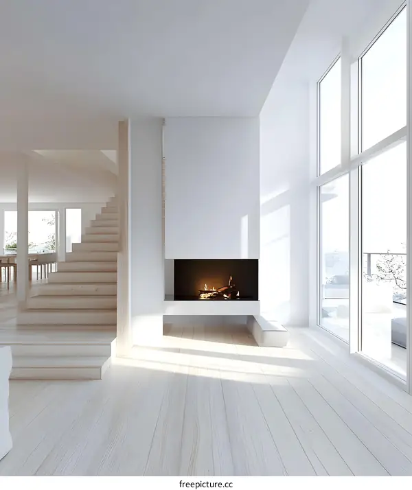 Minimalist White Interior Design with Fireplace and Large Window