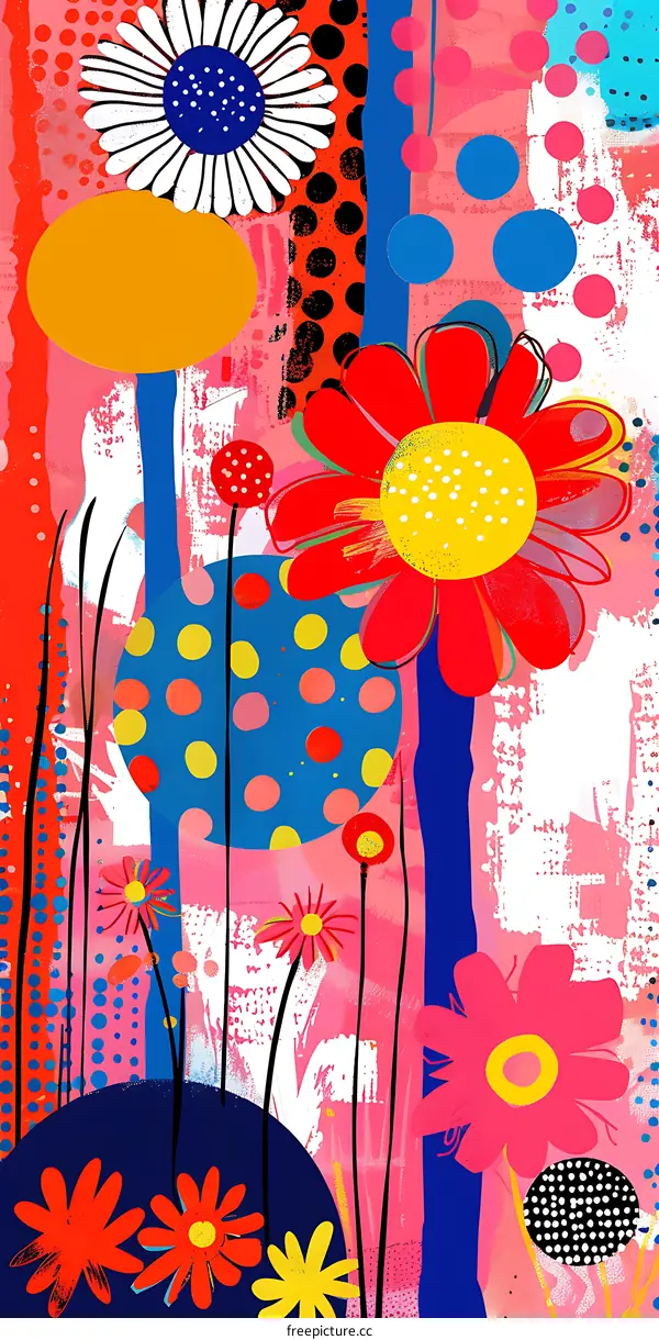 Colorful Abstract Flower Pattern with Polka Dots