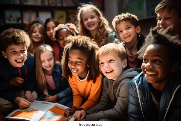 A group of children are looking at a book and smiling.