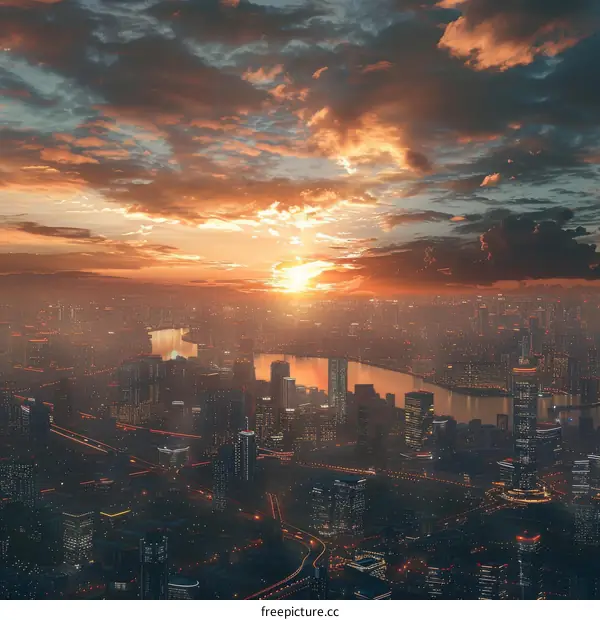 Futuristic City Skyline Bathed in Sunset Glow