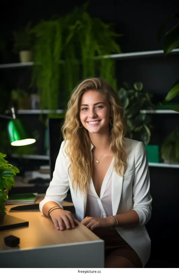 portrait of a young woman in a white blazer sitting at a desk in an office with plants