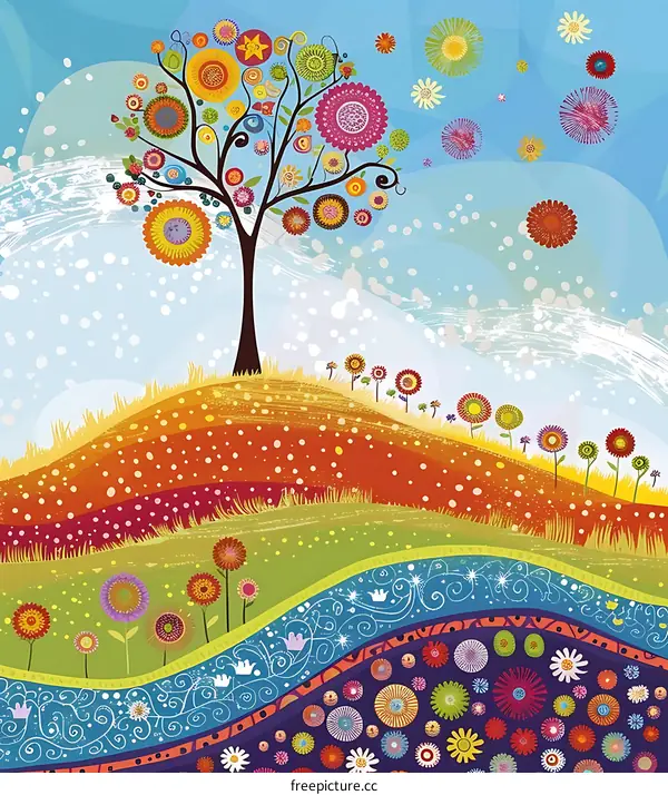 Colorful Floral Tree with Hills Landscape