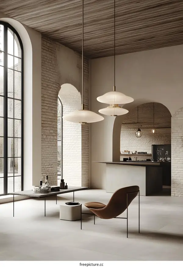Modern Interior Design with White Brick Walls and Pendant Lights