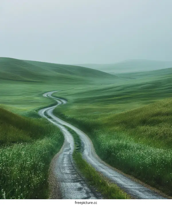Winding Road Through Green Fields
