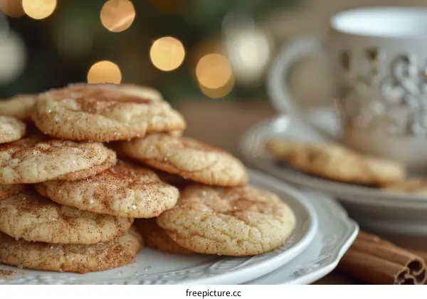 A stack of homemade snickerdoodle cookies on a white plate with a cup of tea in the background