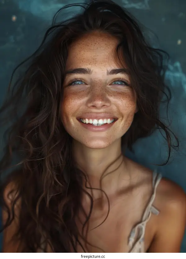 portrait of a young woman with freckles smiling
