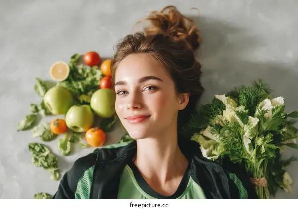 Young Woman Surrounded by Fresh Produce