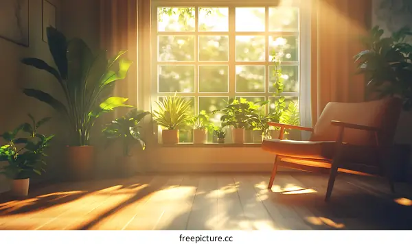 Sunlit Room with Plants and Armchair