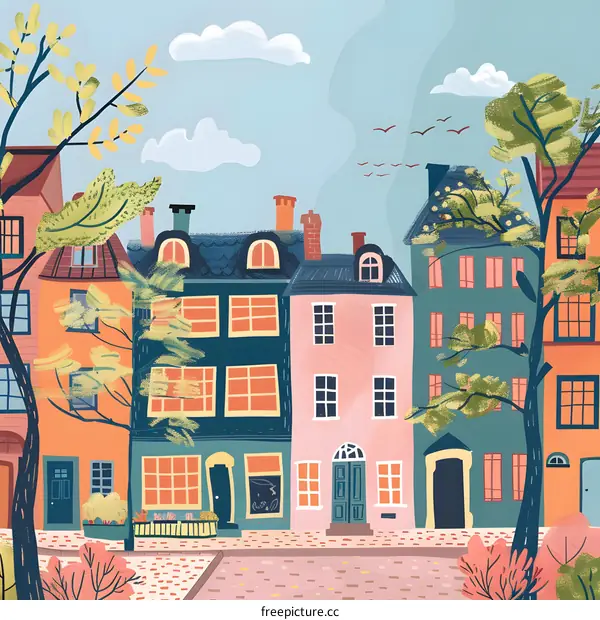 Colorful Illustrated Houses on a Street