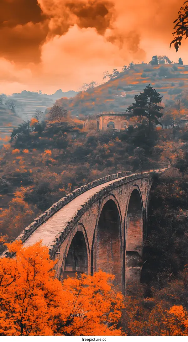 Ancient Stone Bridge in Autumn Landscape
