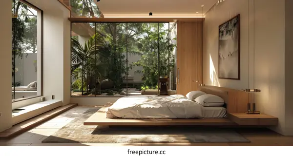 Modern Japanese Style Bedroom Interior with Window and Plant