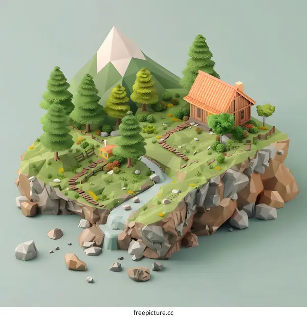Low Poly Illustration of a Mountain Landscape with a Cabin