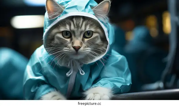 Cat wearing a blue raincoat