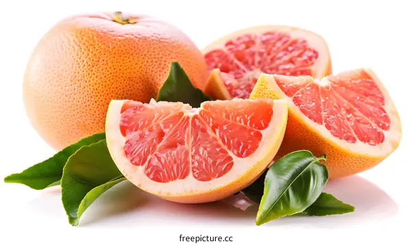 Fresh Ripe Grapefruit Slices with Green Leaves Isolated on White Background