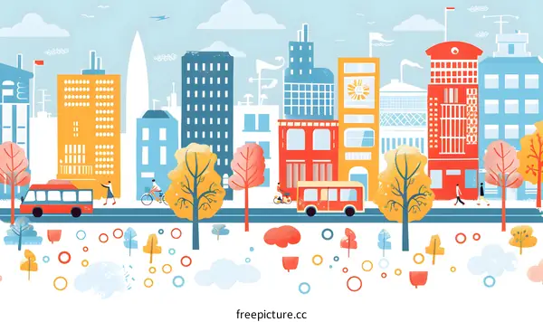 Colorful Illustration of a Cityscape with People and Vehicles