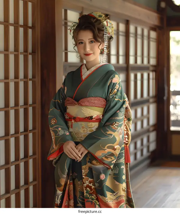 Japanese bride wearing a green kimono