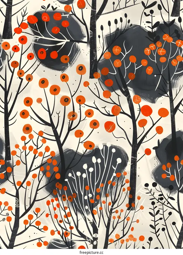 Abstract Tree and Orange Berry Seamless Pattern