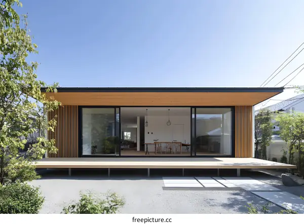 Modern Wooden House with Large Glass Doors and Deck