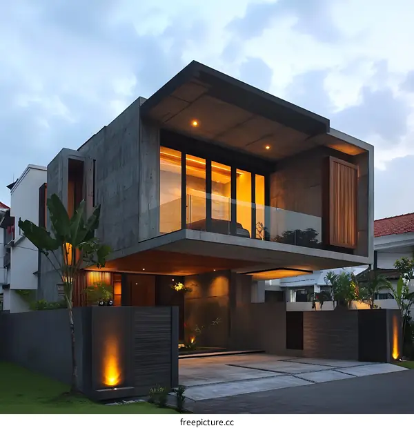 Modern Concrete House with Minimalist Design and Warm Lighting