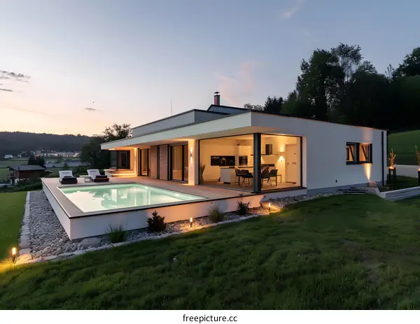 Modern House with Swimming Pool at Dusk