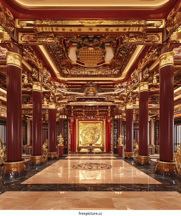 Traditional Chinese Palace Interior Design with Golden and Red Decor