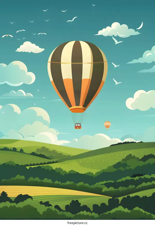 Hot Air Balloons Flying Over Green Hills