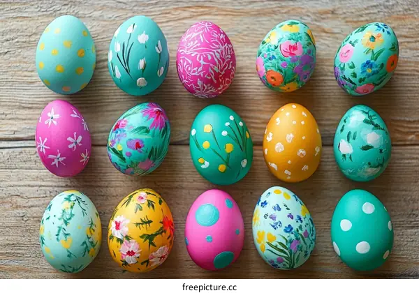 Colorful Hand Painted Easter Eggs on Wooden Background