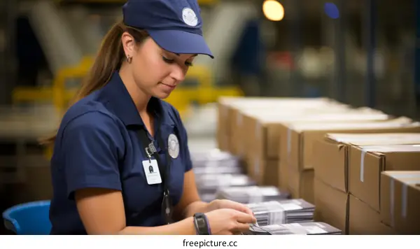 Focused Female Factory Worker Wearing a Blue Hat Carefully Counts Stacks of Paperwork in Preparation for Shipment