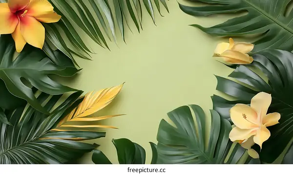 Tropical Leaf and Flower Frame on Green Background