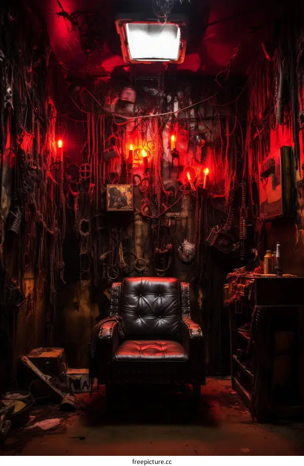Escape Room with Red Lighting and Spooky Decorations