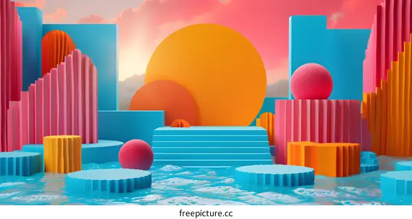 3D rendering of a surreal landscape with geometric shapes and a pink sunset