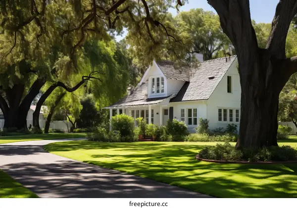 Small White Suburban House Surrounded By Trees