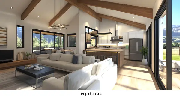 Modern Farmhouse Kitchen Design with Open Concept Living Room