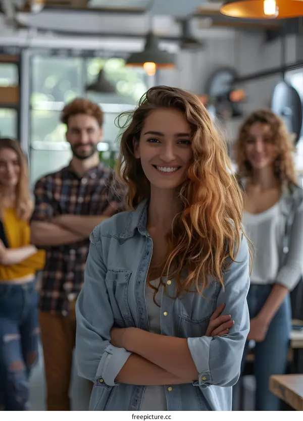 Smiling Woman with Arms Crossed Standing in Front of Coworkers in Office