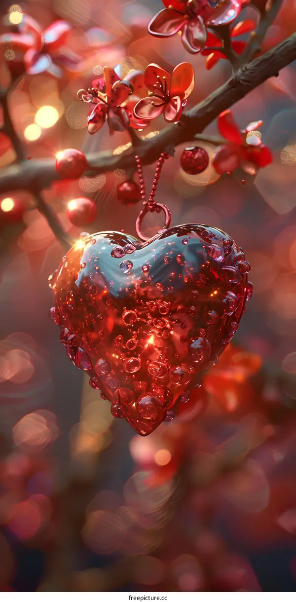 A red glass heart-shaped pendant hanging from a tree branch
