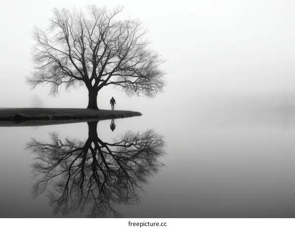Man walking towards tree with reflection on lake