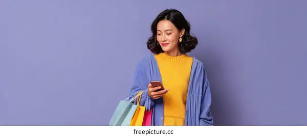 Woman Holding Smartphone with Shopping Bags on Purple Background