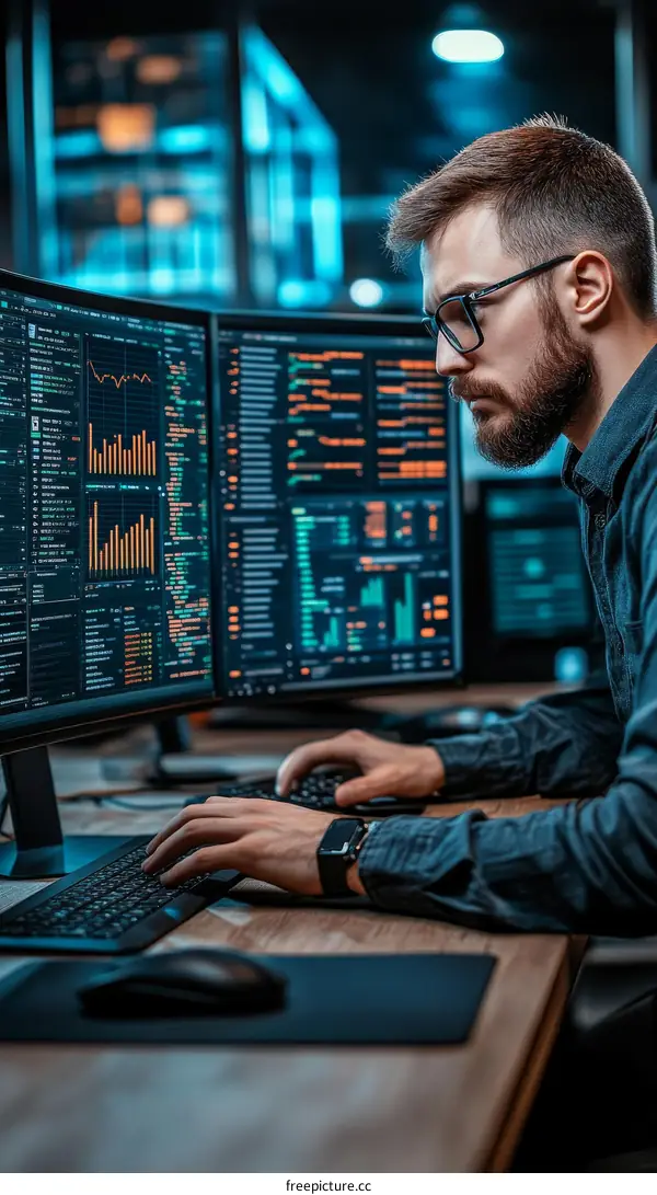 Focused Caucasian Male Programmer in Server Room