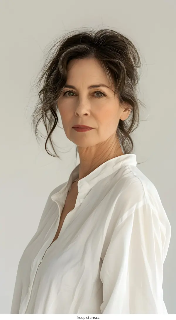 portrait of a middle-aged woman with brown hair and green eyes wearing a white shirt