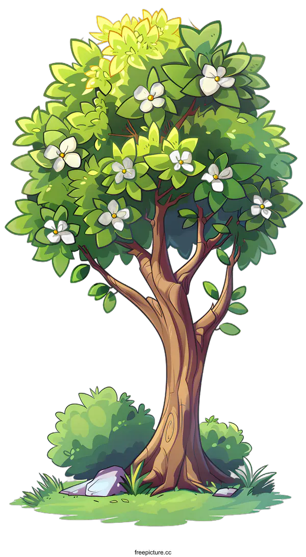 [Transparent Background PNG]Cartoon Illustration of a Blooming Tree with Green Leaves and White Flowers