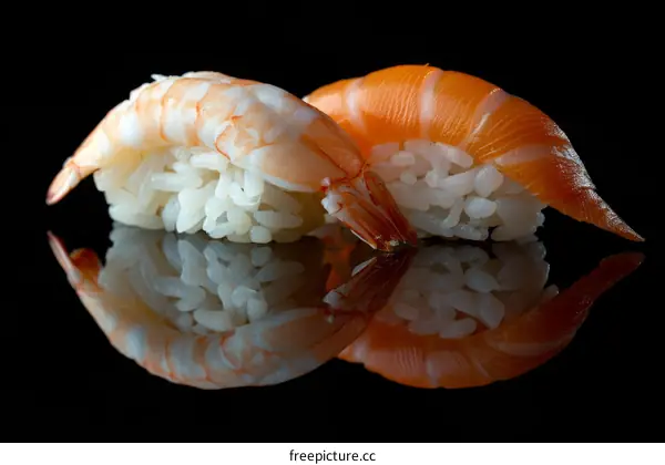 A pair of nigiri sushi with shrimp and salmon