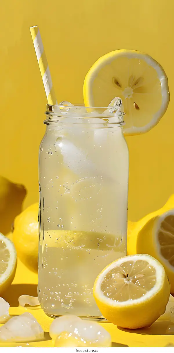 Refreshing Lemonade with Lemon Slices and Ice Cubes