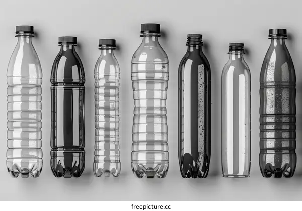 Black and white plastic bottles of different sizes