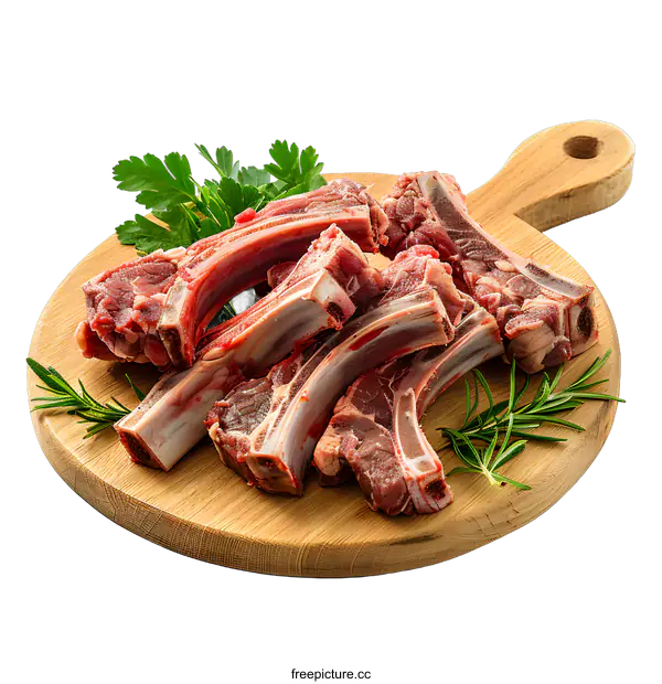 [Transparent Background PNG]Fresh raw lamb chops on a wooden cutting board