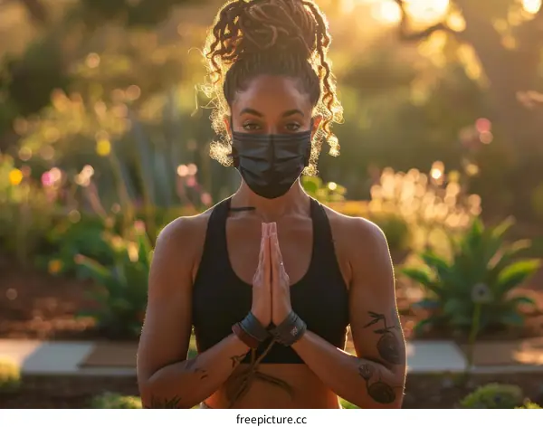 A woman wearing a mask is meditating in a garden